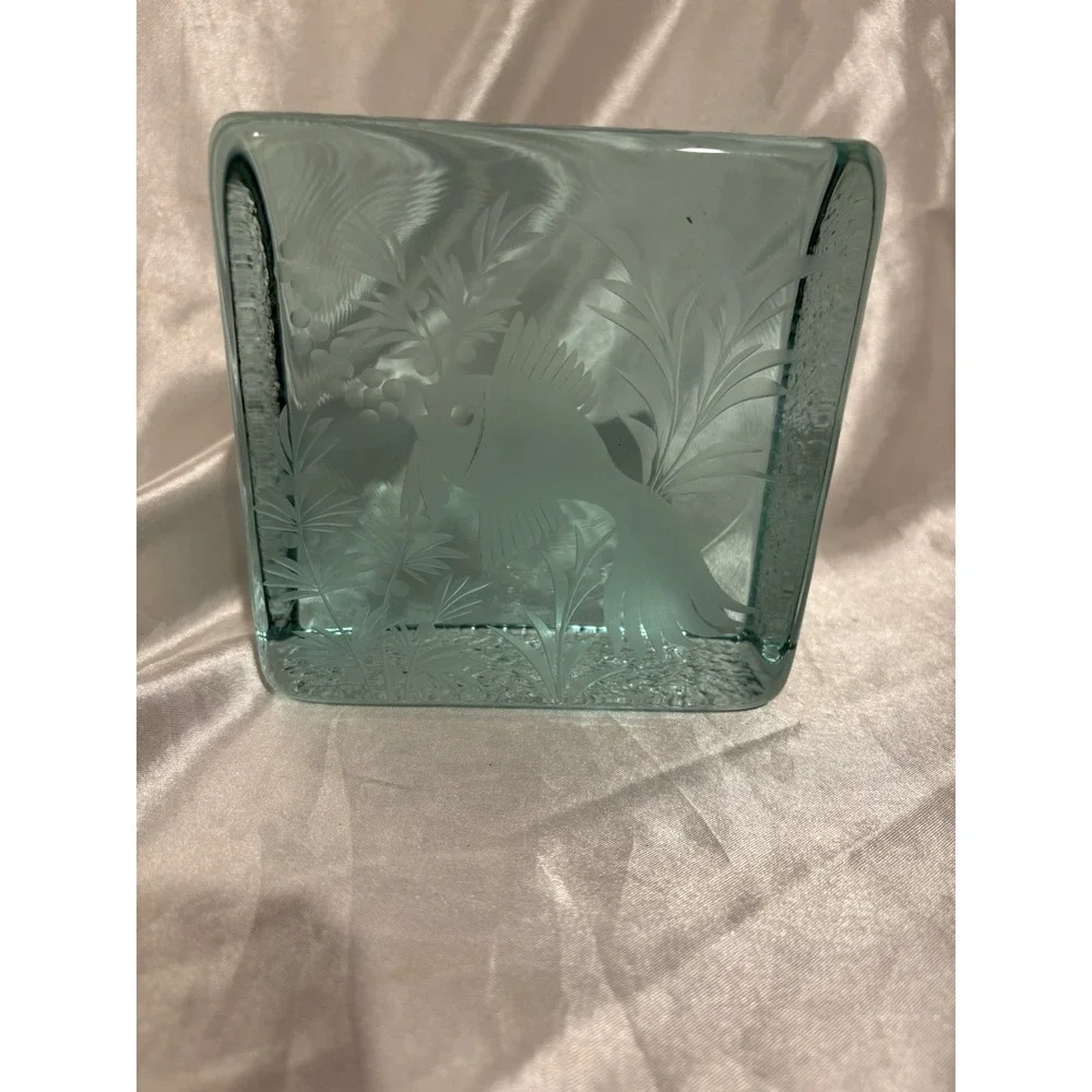 Etched Fish Paperweight Green Ice Block Signed Unique Carved Design